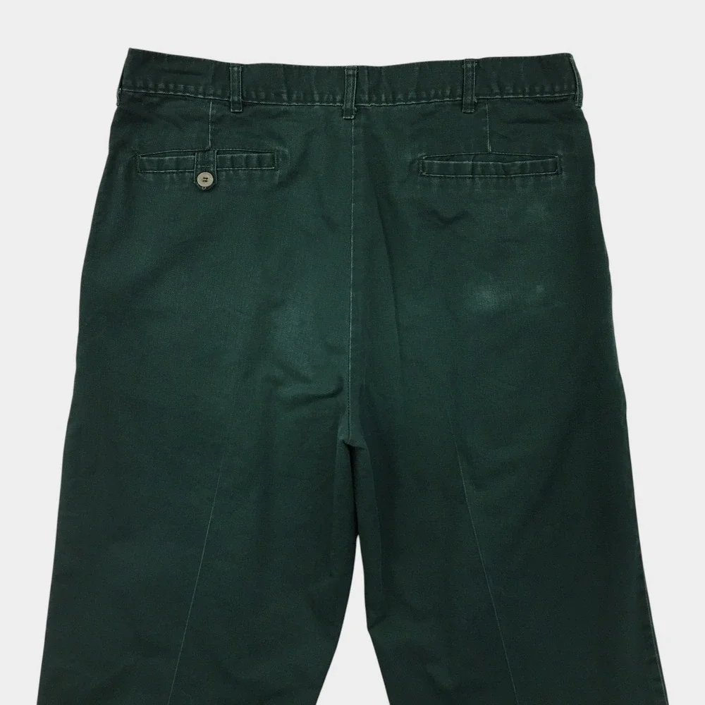 VINTAGE Mens Double Pleated Relaxed Chino Pants Green Cotton Made in USA 34x29